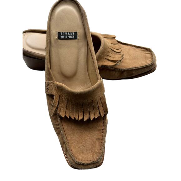 Stuart Weitzman suede Kiltie Fringe slip on mules tan 7 - Picture 1 of 10